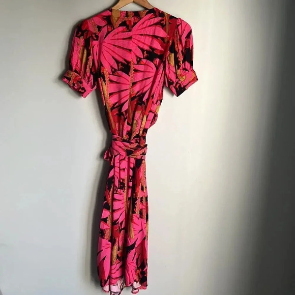NEW J Crew Luxurious Red Gold Burgundy Palm Faux Wrap Midi Dress - Picture 3 of 13